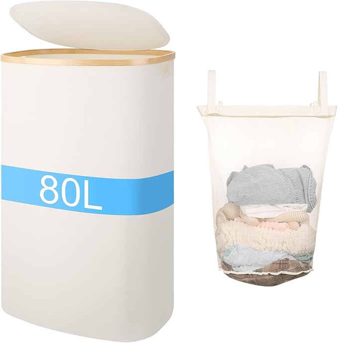 Slim Laundry Basket with Lid, 80L Narrow Laundry Hamper with Removable Bag, Clothes Hampers for Laundry with Bamboo Handles for Bathroom, Bedroom, Dorm & Laundry Room