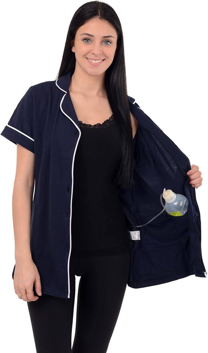 USBD Post Mastectomy Shirt with Drain Pockets Lapel Collar Post Op Button Down Recovery Tops