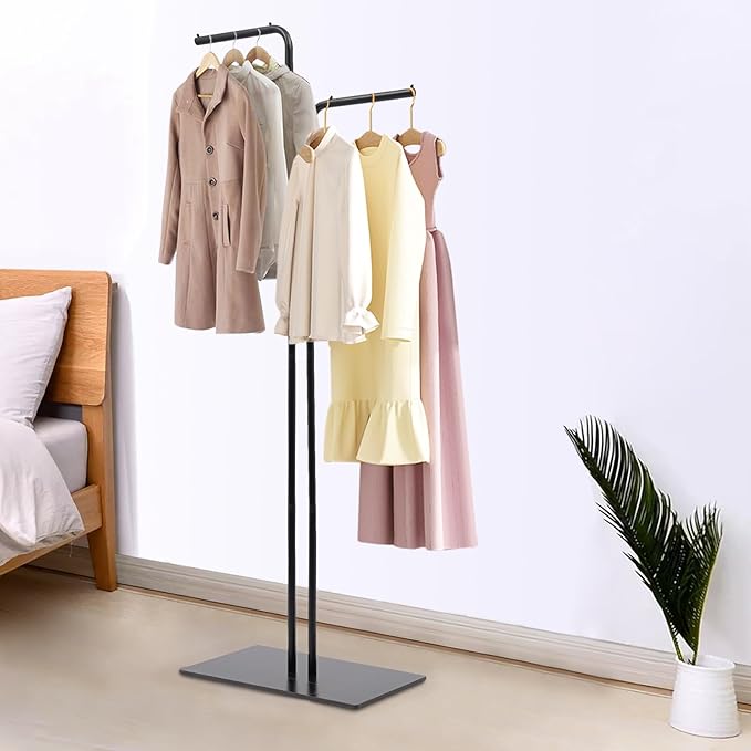 67in-Black Clothing Rack with Base, Double Rod Freestanding Coat Rack Hanging Clothes, Bags, Hat and Shoes for Entryway Bedroom Garment Organizer, Clothing Stores Boutique Retail, Studio