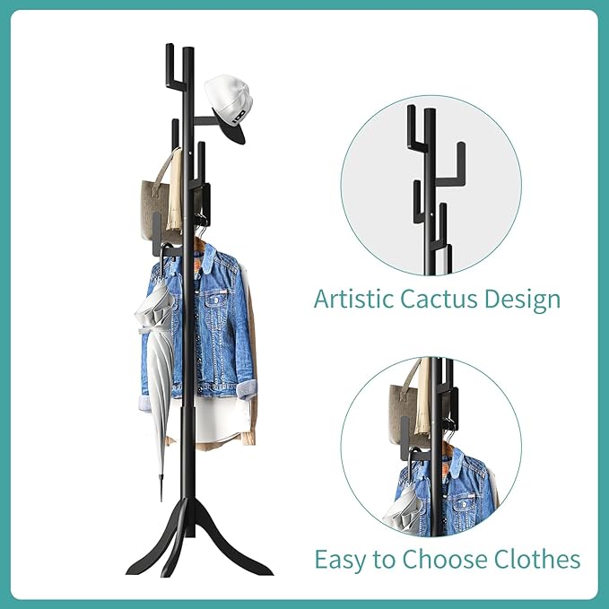 Black Coat Rack Freestanding, Bamboo Cactus Coat Tree, Adjustable Height Wooden Coat Stand with 6 Hooks, kids coat rack, Used In The Bedroom Living Room, Office To Hang Clothes, Hats, Bags