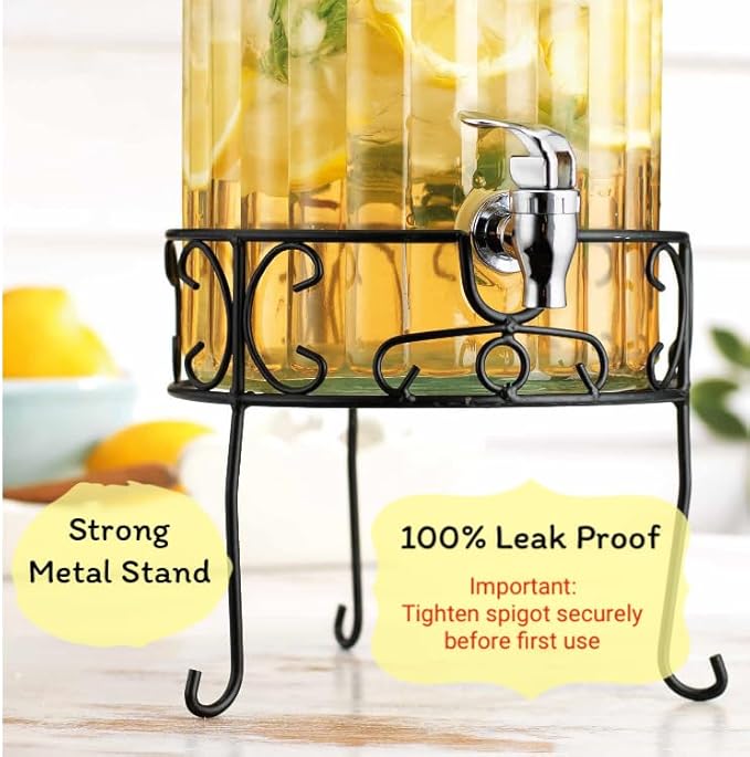 MosJos 2 PACK 1.5 Gallon Drink dispenser, Glass Beverage Dispenser With Elegant Stand Stand, Drink Dispensers for Parties With Spigot 100% Leakproof. Perfect For Parties And Daily Use