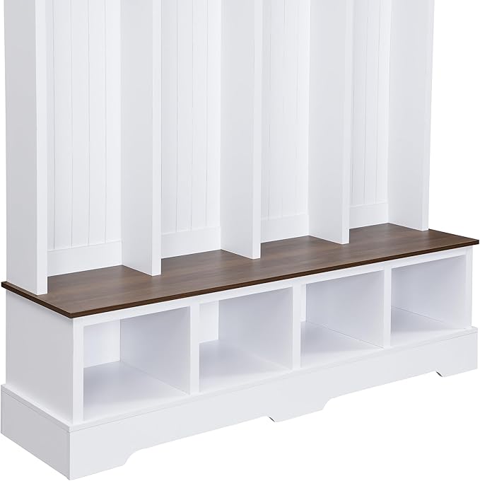 Farmhouse 59" Wide Hall Tree with 8 Hanging Hooks, Wood Grain Bench with Open Compartments, 76.7" H Entryway Shoe Rack Coat Hanger for Living Room Mudroom Hallway (White-8.26)
