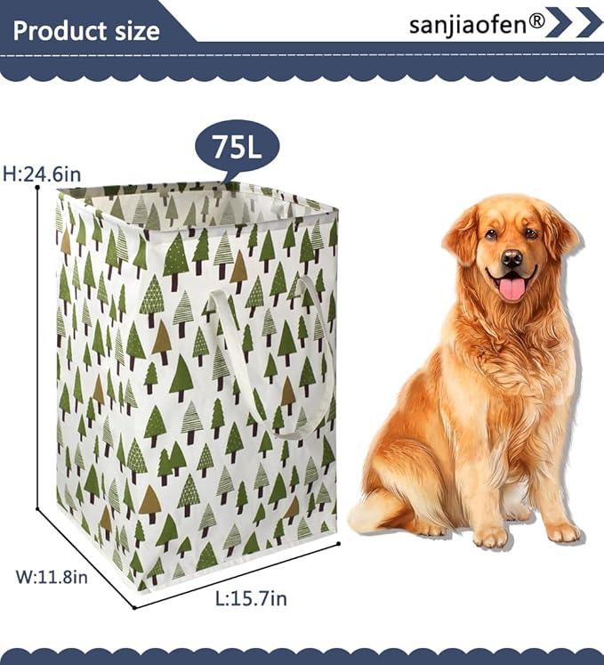 2 pack 75L Large Laundry Basket Green Laundry Hamper With Extended Handles, Freestanding Waterproof Clothes Hamper for Boys,Kids woodland decor, Nersery,Bedroom, Bathroom.(Green tree)