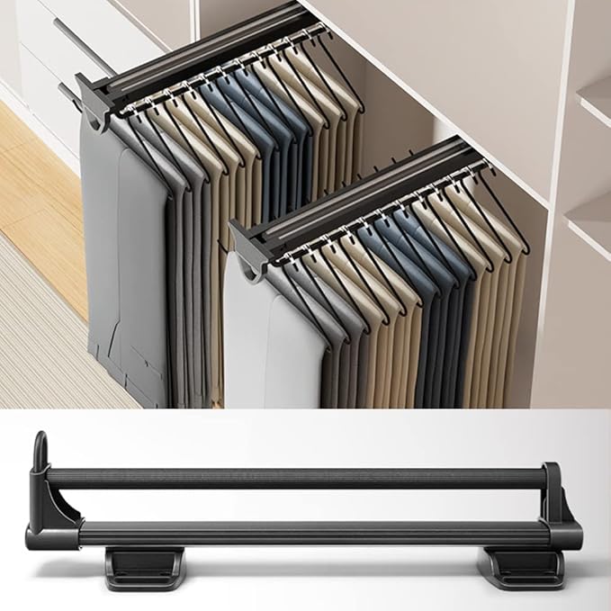Adjustable Pull-Out Clothes Hanger Rod, Extendable Wardrobe Clothing Rail, Closet Clothes Hanger Rod