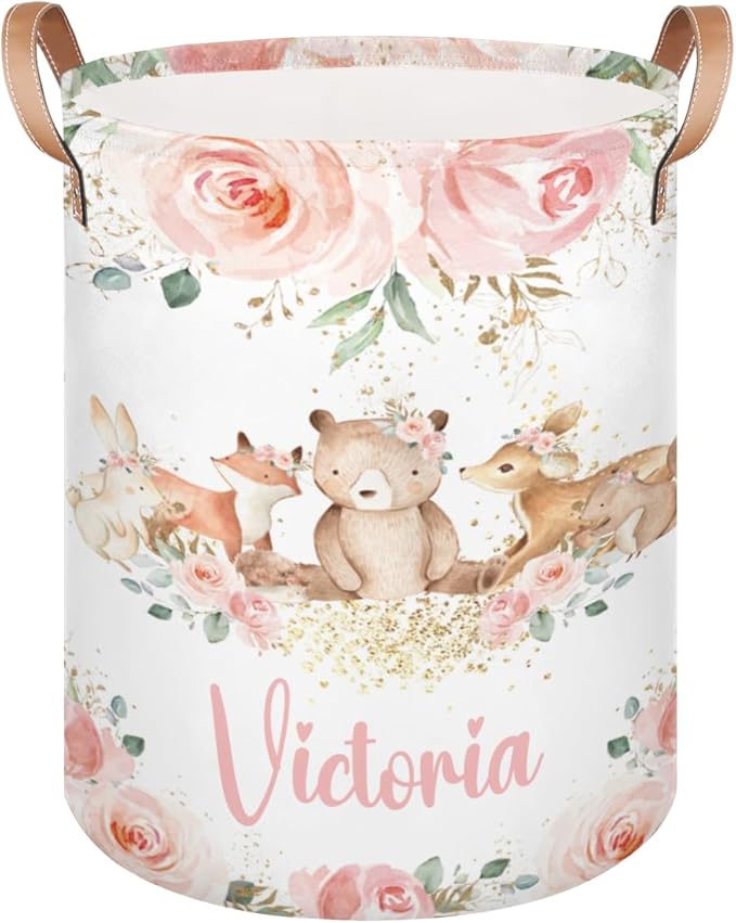Personalized Laundry Basket, Custom Gift Laundry Hamper, Collapsible Nursery Waterproof Laundry Baskets, Dirty Clothes Toy Hamper with Handles Pink Floral Bear Fox