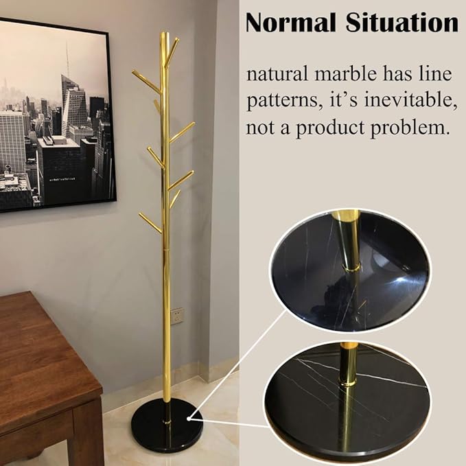 Jolitac Metal Coat Rack Stand Golden Satin Steel Finish Stable Marble Base, High-Grade with Hooks Metal Tree Hat & Coat Hanger Floor Free Standing Wall Bedroom Easy Assembly (Golden)