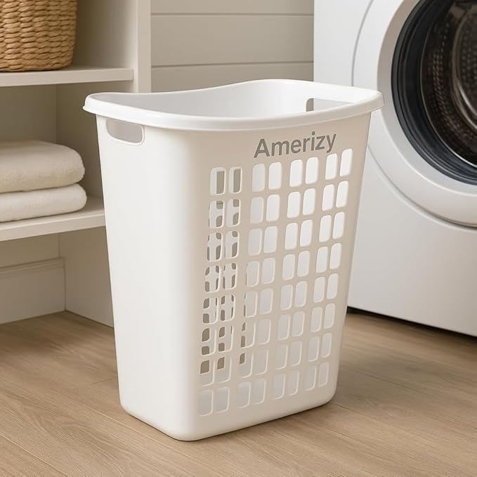 Large White Plastic Laundry Hamper – Rectangular Open Top Clothes Basket with Ventilation, Lightweight Durable Bin for Bedroom, Bathroom, Closet or Dorm Us