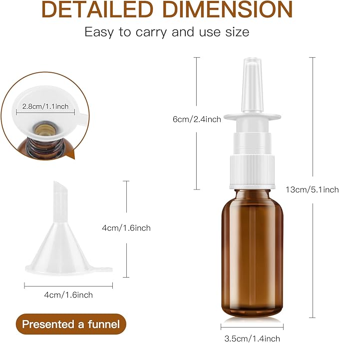 Nasal Spray Bottle, 6 Pcs 30ML/1oz Glass Amber Refillable Fine Mist Sprayers Atomizers, Small Empty Nasal Sprayer with Funnels and Labels
