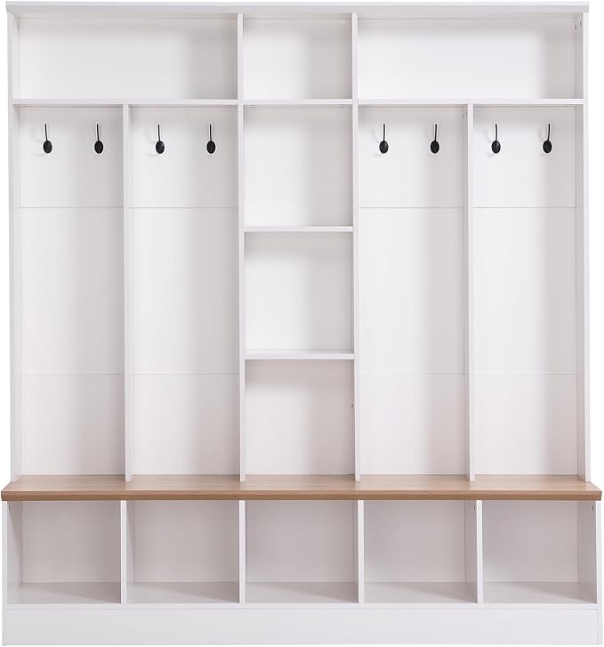 4-in-1 Wide Design Hall Tree with Storage Bench, Minimalist Shoe Cabinet with Cube Storage & Shelves, Multifunctional Coat Rack with 8 Hooks for Entryways Mudroom