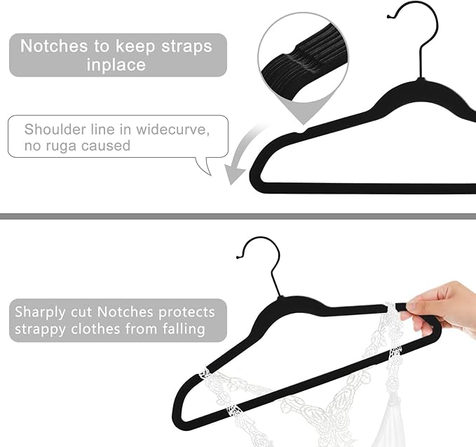 MIZGI Kids Velvet Hangers,Non-Slip Big Kids Hangers,14 Inch Hangers for Youth,Teen Clothes,Pack of 50（Black/Black）