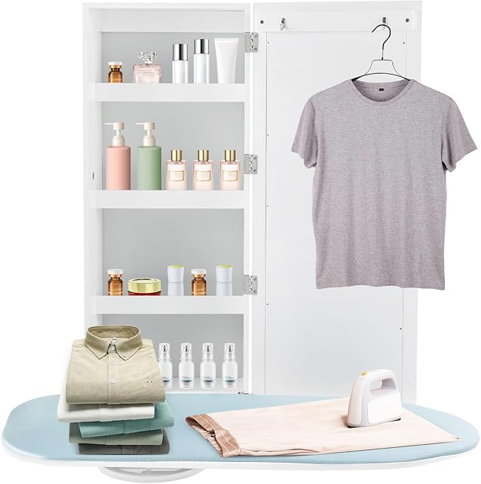 Wall Mounted Ironing Board with Storage Cabinet,Foldable Ironing Storage Station,Built in Foldable Ironing Board Closet with Storage