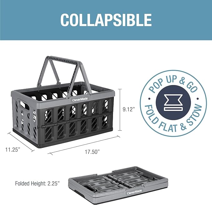 CleverMade Collapsible Shopping Basket, Stone, 3PK - 24L (6 Gal) Reusable Plastic Grocery Shopping Baskets, Holds 25lbs Per Basket - Small Foldable Storage Crates with Handles
