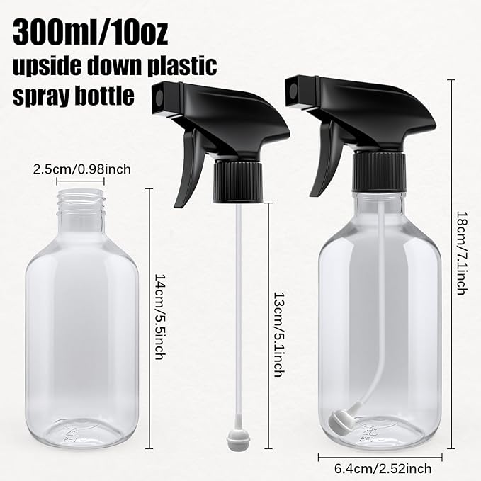 10oz/300ml 360° Spray Bottles (2-Pack) Clear Plastic Small Spray Bottles, Spray at Any Angle to Reach Hard-to-Reach Corners. Ideal for Cleaning, Plants, Gardening, Pets, and Hair