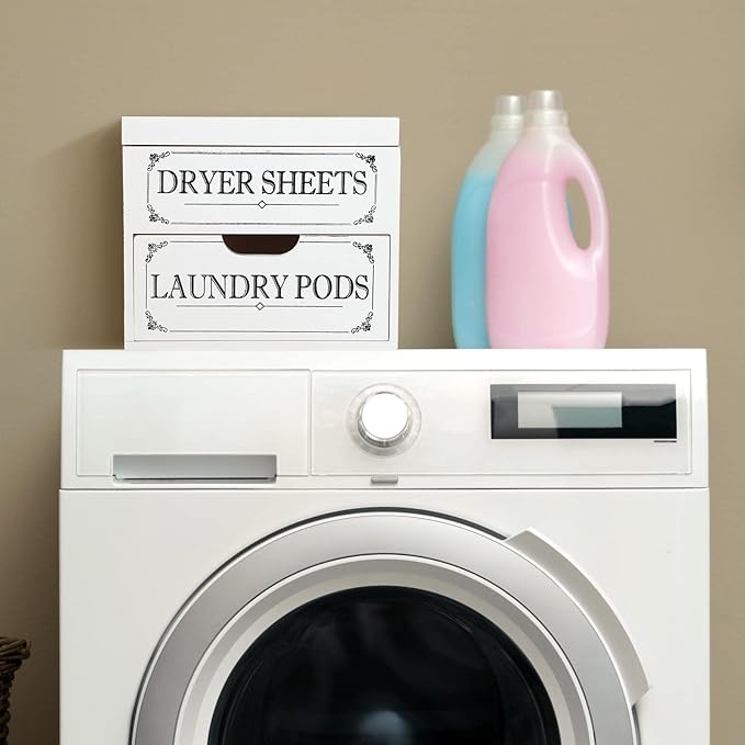 Tatuo Dryer Sheet Holder with Hinged Lid Farmhouse Dryer Sheet Dispenser Rustic Container Box Laundry Room Decor for Laundry Room Organization Fabric Pods, White