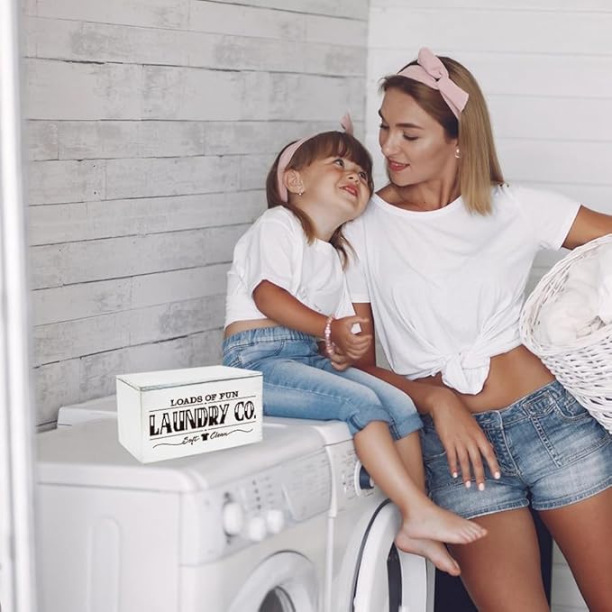 SUPERDANT Laundry Dryer Sheet Dispenser Fun Fonts Holder Box with Hinged Lid Wood Organizer Fabric Softener Strips Dispenser Storage Container Loads of Fun Laundry Rustic Room Decor