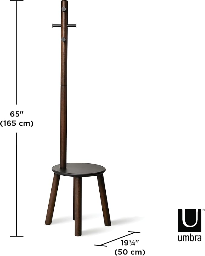 Umbra Pillar Coat Rack, Stool, Clothing Organizer, Umbrella Holder and Hat Organizer, Great for Entryway, Black/Walnut