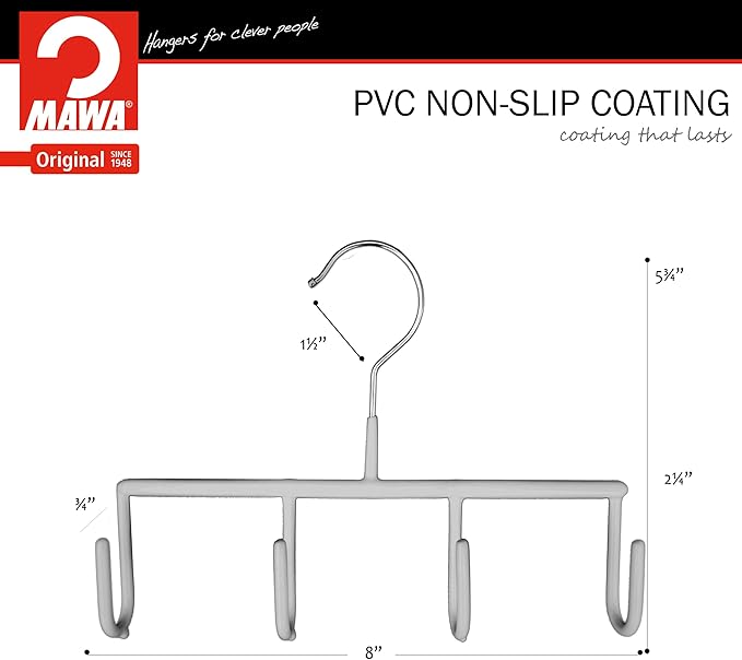 Mawa by Reston Lloyd Non-Slip Space-Saving Clothes Hanger For Belts with 4 Hooks, Style GH, Set of 5, White