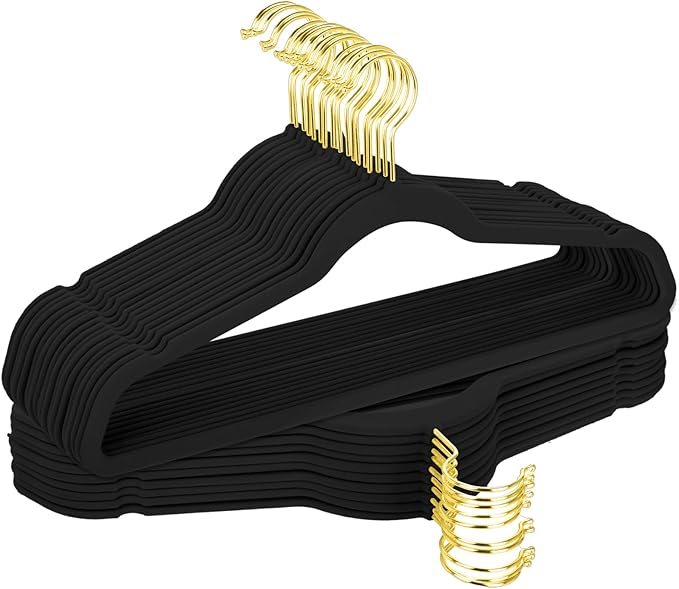 TIMMY 36-Pack Velvet Hangers with Gold Hooks - Space-Saving Non-Slip Heavy-Duty Clothes Hangers for Coats, Suits, Dresses, and Sweaters - Slim Design(Black+Gold)