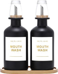 11.8OZ Glass Mouthwash Dispenser for Bathroom with Stainless Steel & Bamboo Nozzle, Mouthwash Cup Reusable, Bamboo Tray, and Elegant Gold Sticker.Set of 2（Black