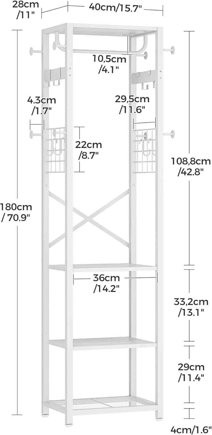 Coat Rack with Shelves, Freestanding Hall Tree, Coat Tree with 16 Hooks and Hanging Rail, Industrial Clothes Stand for Entryway, Hallway, Bedroom, White TYM18WB