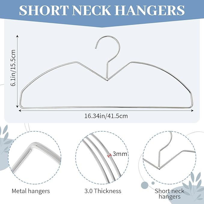 LemonRoad 50 Pack Short Neck Metal Hangers for Clothes 16" Heavy Duty Stainless Steel Wire Closet Hangers Ultra Thin Space Saving for Home Dorm Laundry (Sliver,Wire Short Neck)