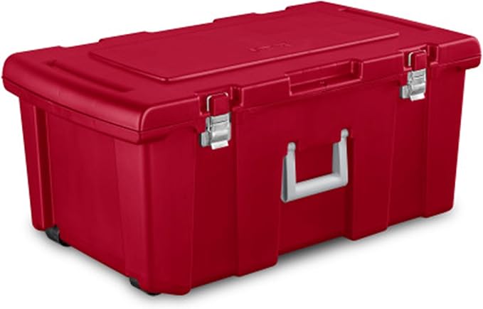 Sterilite Wheeled Footlocker, Lockable Plastic Utility Storage Bin with Lid, Red - Heavy-Duty Organizing Containers for Home, Office, Garage, and Basement