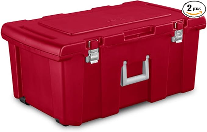 Sterilite 2 Pack Wheeled Footlocker, Lockable Plastic Utility Storage Container, Red