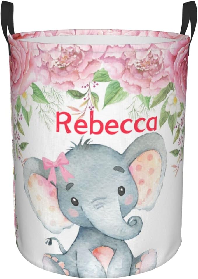 Pink Rose Elephant Personalized Laundry Hamper Custom with Name Collapsible Waterproof Storage Basket with Handles for Bedroom Decor Gift.