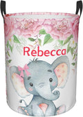 Pink Rose Elephant Personalized Laundry Hamper Custom with Name Collapsible Waterproof Storage Basket with Handles for Bedroom Decor Gift.