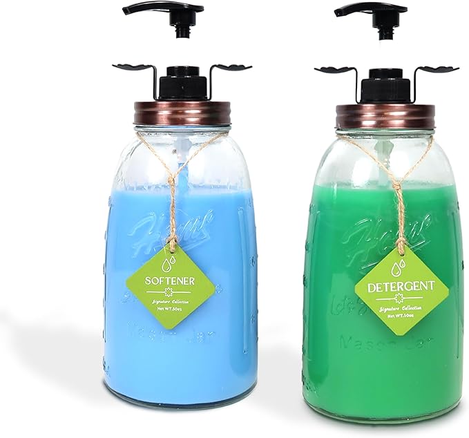 Glass Laundry Detergent Container - Besuerte Large Capacity Liquid Laundry Detergent Dispenser with Refillable & Reusable 2x50oz Mason Jars and Save Effort Pump Aid Handle, Bronze Cap