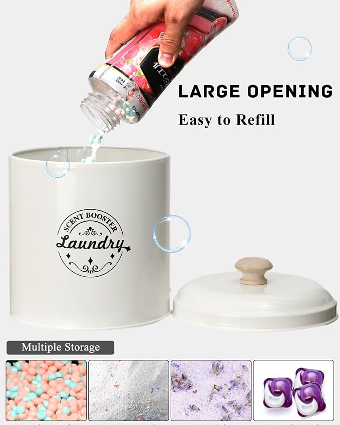Laundry Scent Booster Beads Dispenser - Metal Farmhouse Laundry Room Decor - Organizing Container for Detergent, Powder (Cream)