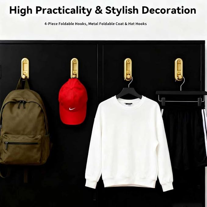 4PCS Folding Coat Hooks,Gold Wall Hooks for Hanging – 4 Folding Coat Hooks, Flip Down Heavy Duty Hooks Robe Hook Wall Mounted for Clothes, Towels, Hats & More