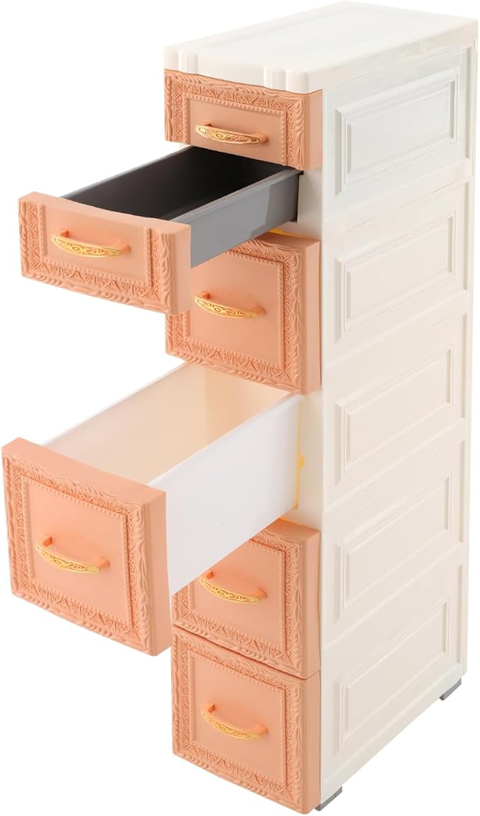 6 Drawers Narrow Storage Cabinet with Wheels,Slim Floor Cabinets,Rolling Organizer Cart for Small Spaces,Pink