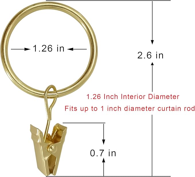 40 Pack Gold Curtain Rings with Clips, Curtain Hooks Hangers Clip Rings for Hanging Drapes Bows Hat, Drapery Rings 1.26 in I D, Fits up to 1 in Diameter Curtain Rod.