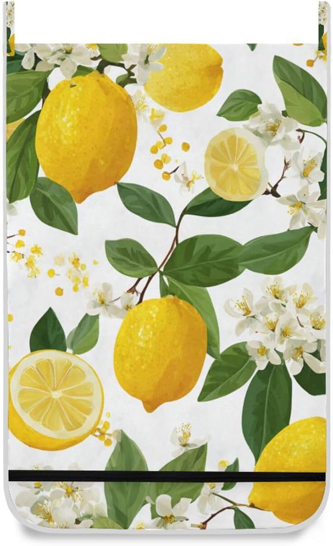 Lemon Branch Flower Hanging Laundry Hamper Door Hampers Bag Basket with Stainless Steel Hooks Oxford Fabric Printing Decorative Clothes Bags 29.5X20inch 2Pack