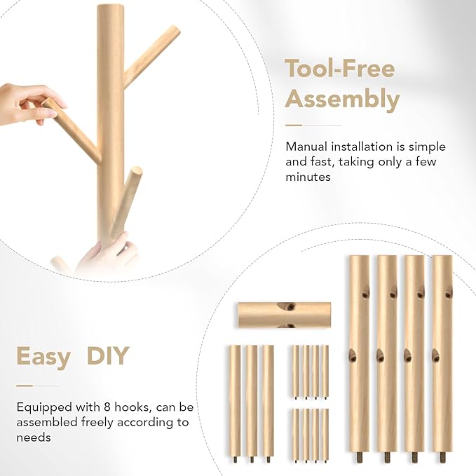 Wooden Coat Rack Freestanding with 8 Hooks,Easy Assembly New Zealand Pine Tree Coat Racks, 3 Adjustable Sizes for Clothes, Hats, Bags, for Entryway, Hallway, Bedroom, Office (Natural, 1 PC)