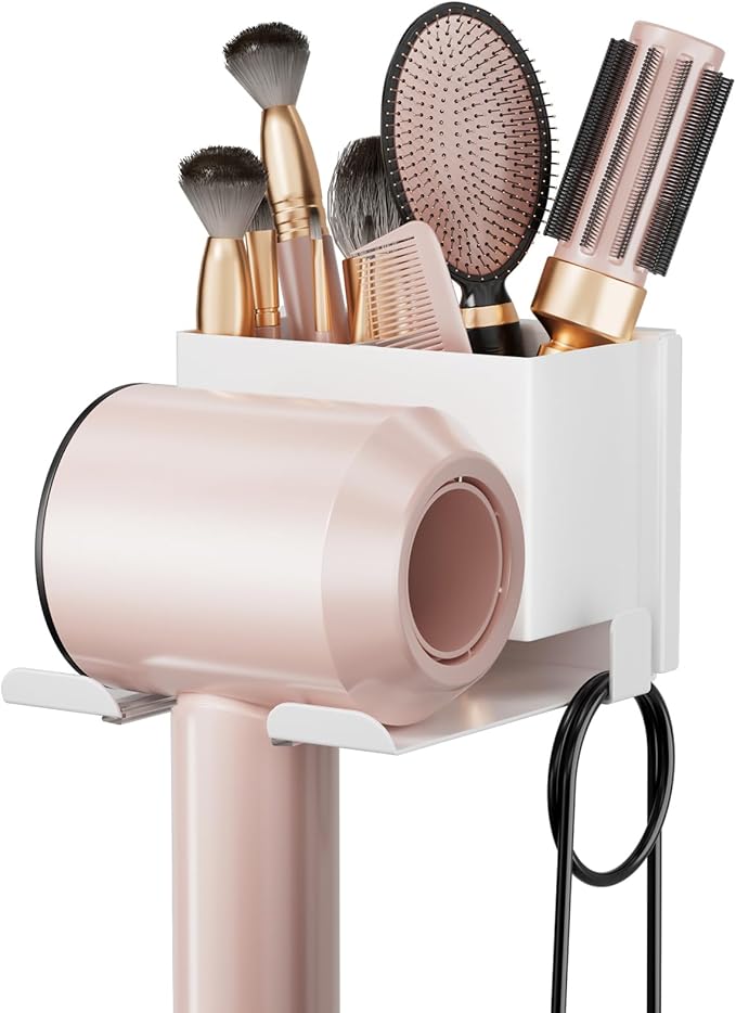 Hair Dryer Holder Wall Mounted, Hair Tools Organizer, Bathroom Space-Saving Blow Dryer Organizer Curling Irons Storage Wall Mounted White (Self-Adhesive and Drilling)