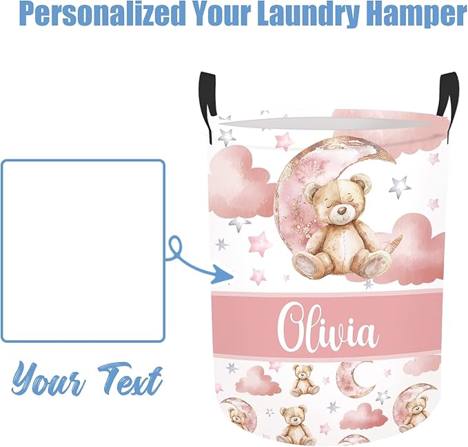 Personalized Name Baby Laundry Hamper for Nursery Boys Girl, Custom Bear Laundry Baskets for Toddler Kids Adults, Baby Name Laundry Hamper with Handles Personalized Gift