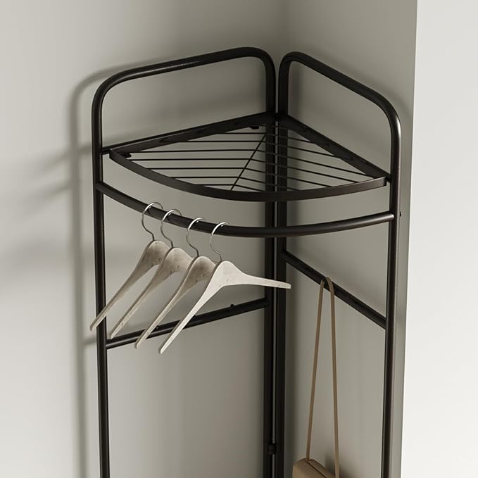 corner coat rack,corner clothing rack with 6 hooks and storage shelf,metal clothes rack coat stand for Entryway, Bedroom