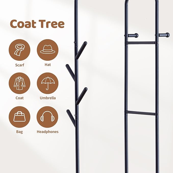 FILWH Rolling Coat Rack with Storage Shelf Freestanding Coat Rack Hall Tree with 6 Hooks for Entryway, Bedroom Metal Clothes Hanger Stand for Hats, Jackets, Bags,Shoes (Black, Double-layer)