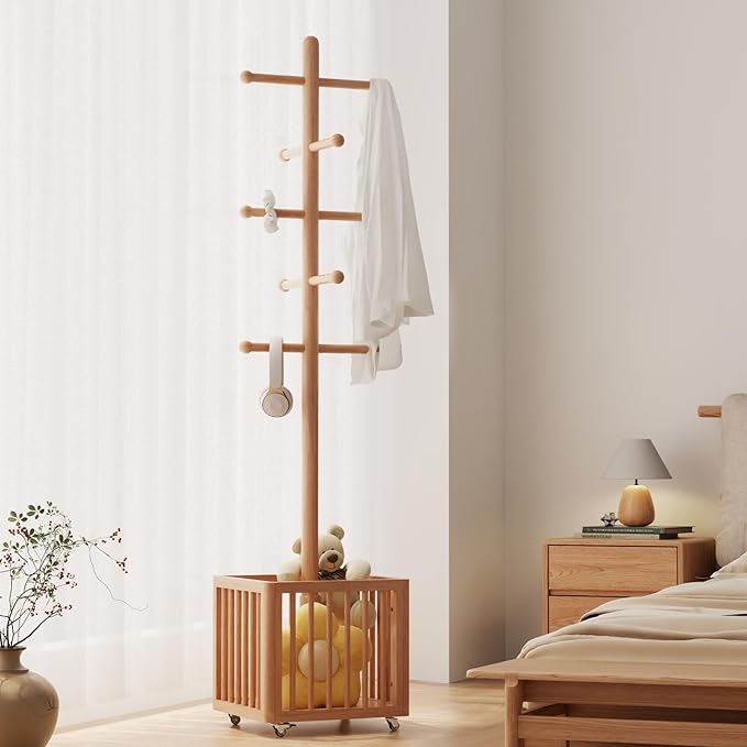 Solid Wood Coat Rack,standing coat rack with 10 Hook,Coat Rack for Freestanding,Bedroom,Living Room,Office,Hang Jackets,Bags,Clothes,Headphones(Natural)