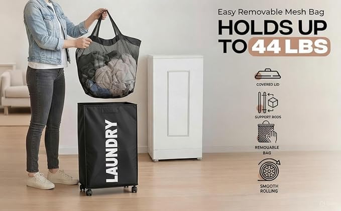 75L – Lockable Wheels Laundry Basket – Support Rods & Box Base – Tall Slim Laundry Hamper – Clothes Hamper – Rolling Cart on Wheels – Heavy Duty Black Laundry Basket – Bathroom, Bedroom & Dorm