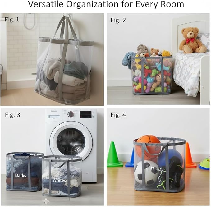 [2-Pack] Wall-Mounted Foldable Laundry Basket, 41L Collapsible Mesh Hamper (Each) with Reinforced Handles, Hanging Storage Bag for Bathroom, Dorm, Travel & Sports, Space-Saving Grey
