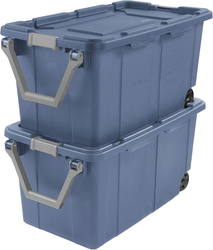 40 Gallon Plastic Storage Box, Wheeled Industrial Tote, Pack of 2