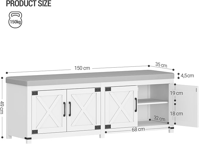 Shoe Storage Bench, 2 Tier Shoe Bench with Padded Seat Cushion & 4 Barn Doors, 59" Entryway Bench with Adjustable Shelf, Farmhouse Shoe Cabinet for Living Room, Bedroom, White SB31503GY