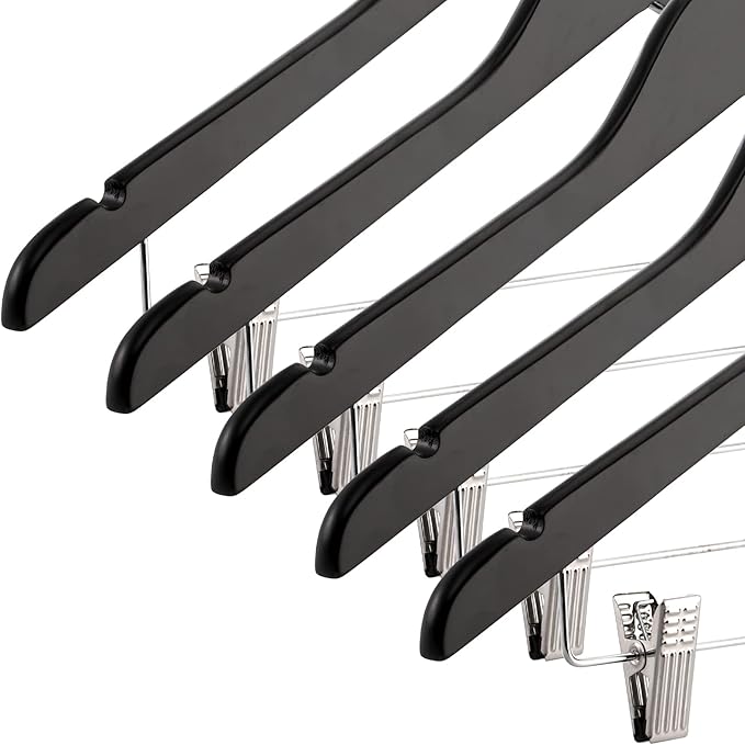 Tosnail 12-Pack Wooden Pants Clothes Hangers, Wooden Suit Hangers with Steel Clips and Hooks, Natural Solid Wood Collection Skirt Hangers, Standard Clothes Hangers - Black