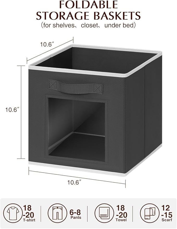 Foldable Storage Cubes - Cubby Storage Organizer with Window, Decorative Baskets for Organizing, 11 Inch Fabric Cube Shelf Bins, Set of 10, Black