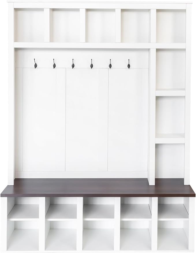 Farmhouse Style Hall Tree with 6 Hooks, Practical Walnut Storage Bench with Adjustable Shelves, Wooden 4-in-1 Entryway Shoe Cabinet with 13 Cubbies for Mudroom, Living Room (White+Walnut-8)