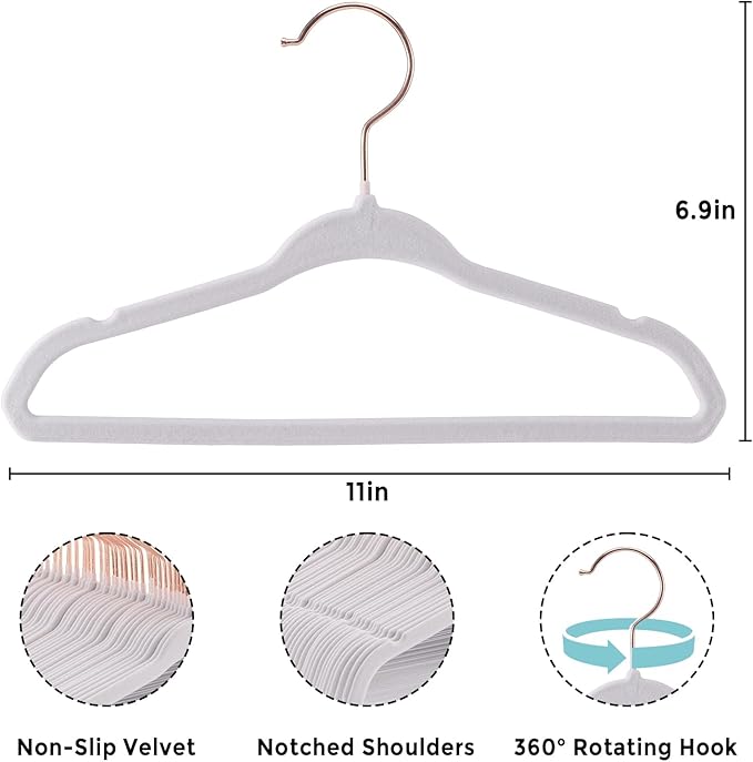Baby Hangers Velvet - 11 Inch Kids Felt Hanger Non Slip Toddler Clothes - Childrens Hangers for Newborn Clothes - 50 Pack with 10 Hanger Finger Clips, White