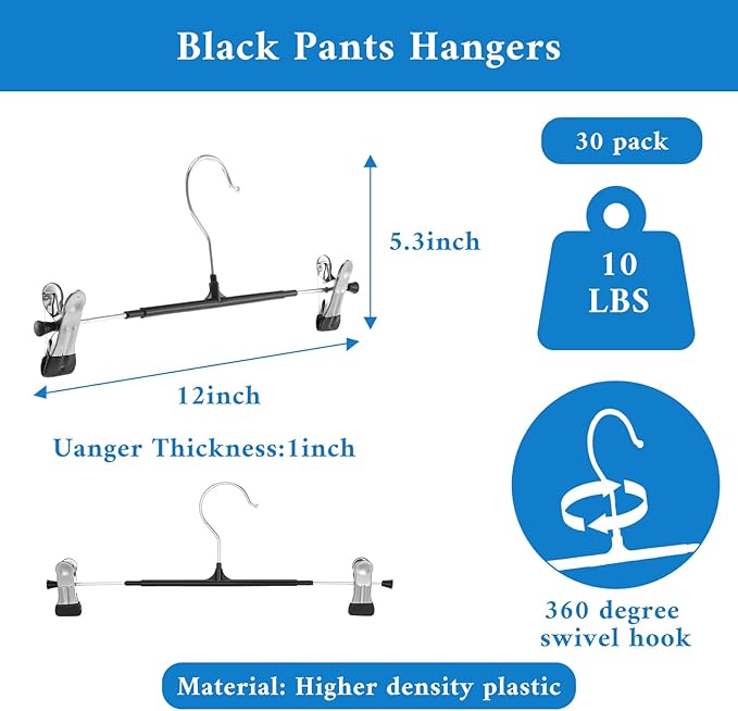 30 Pack Pants Hangers with Clips Adjustable Skirt Hangers for Women Non-Slip Trousers Hanger for Jeans Clothes Hanger for Pants Heavy Duty Space Saving Shorts Clothes Rack Black 12Inch
